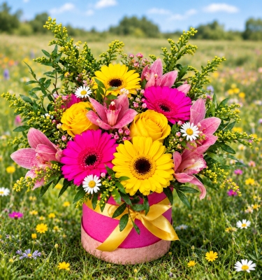 Pink and Yellow hat box arrangement